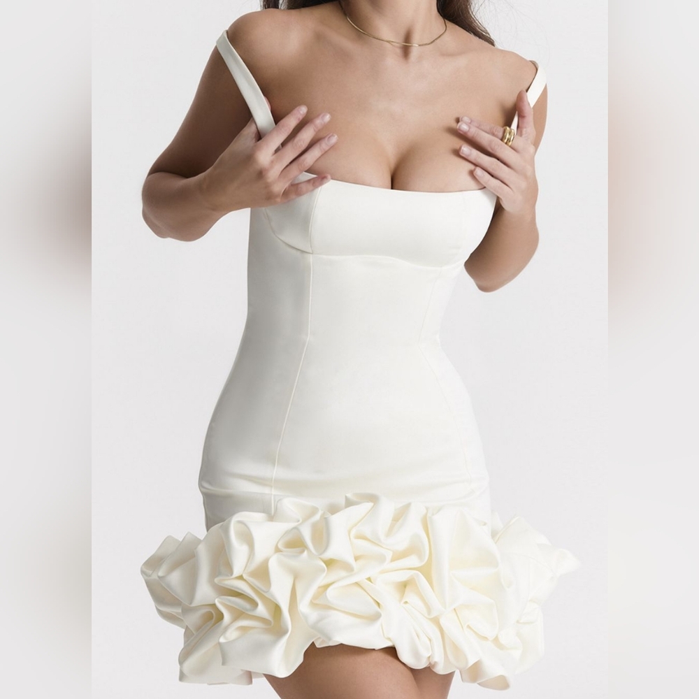 White Ruched Square Neck Sleeve Mini Dress - Picture 5 of 6
